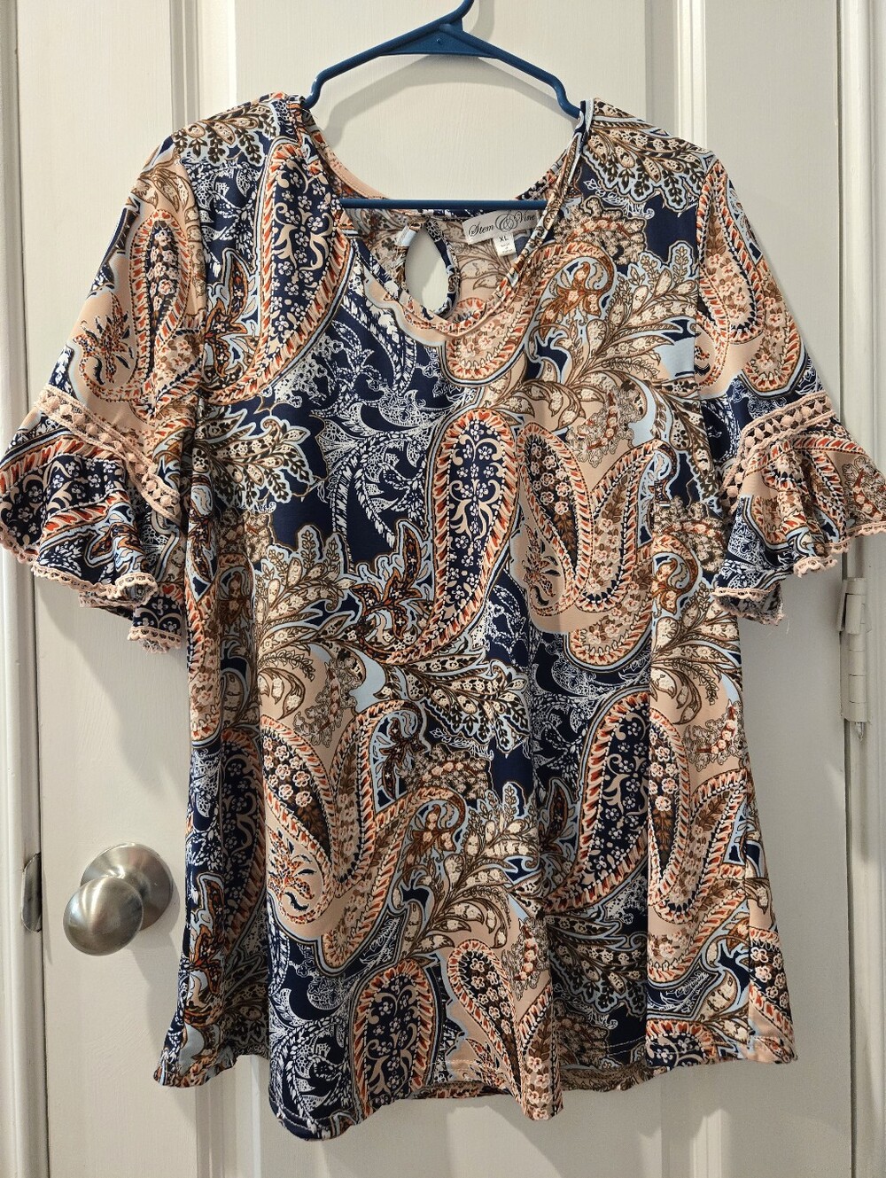 Woman's Stem & Vine Navy Paisley Mid-Length Sleeves Blouse.